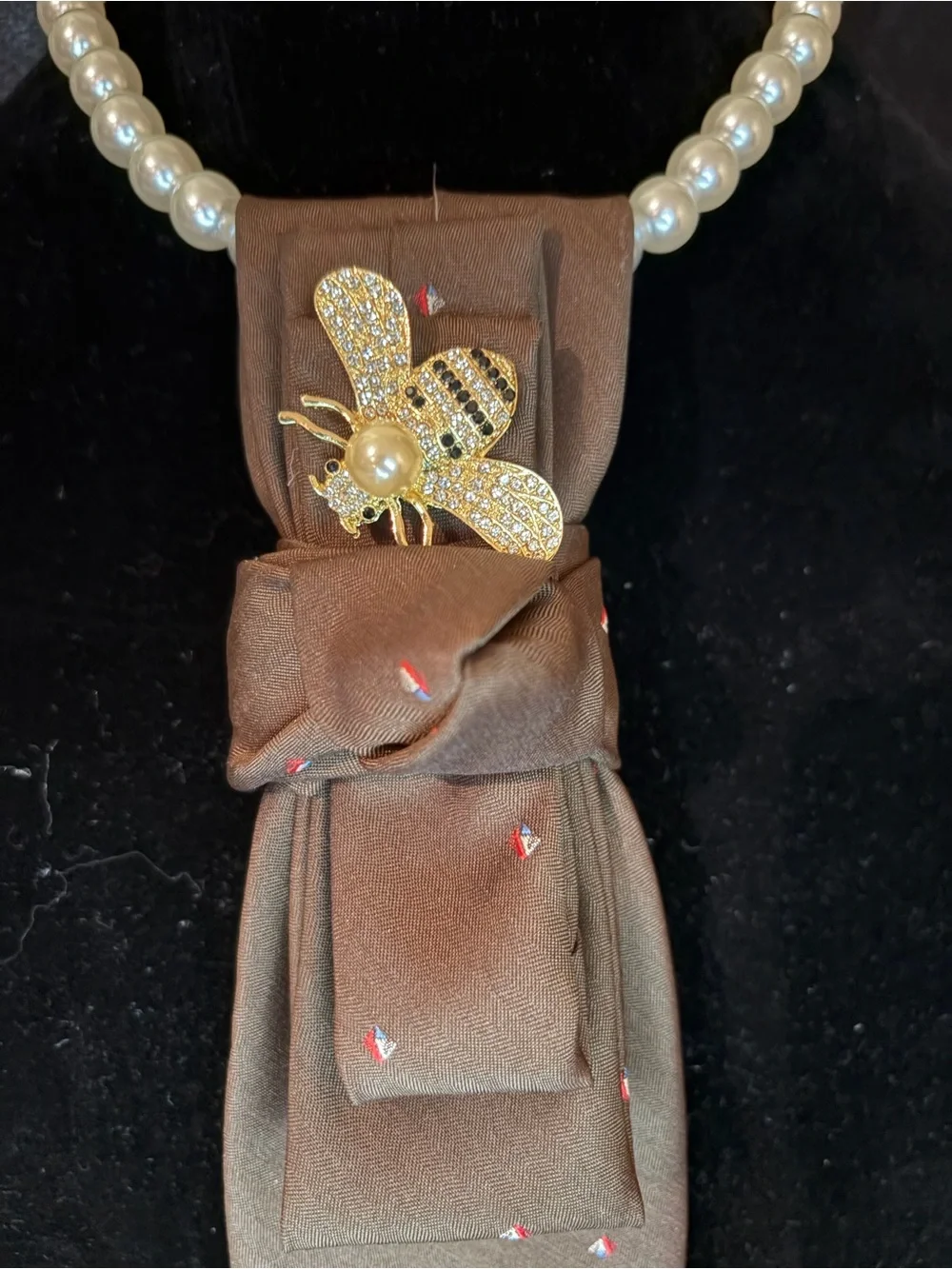 Dior Brown Silk Tie with Tiny Red & White Motifs